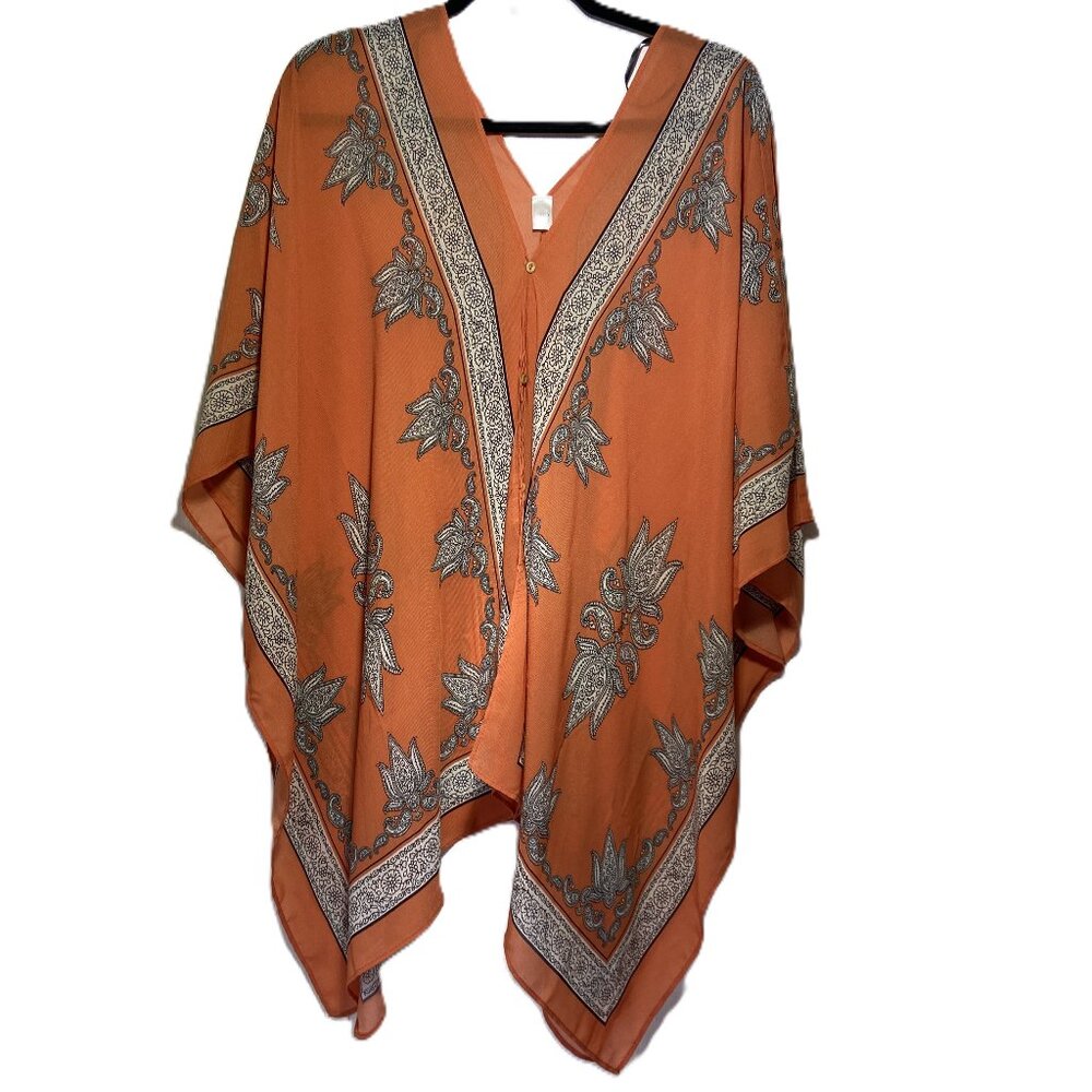 Cato Chiffon Orange Paisley V-Neck Kimono Handkerchief Tunic Bohemian One Size